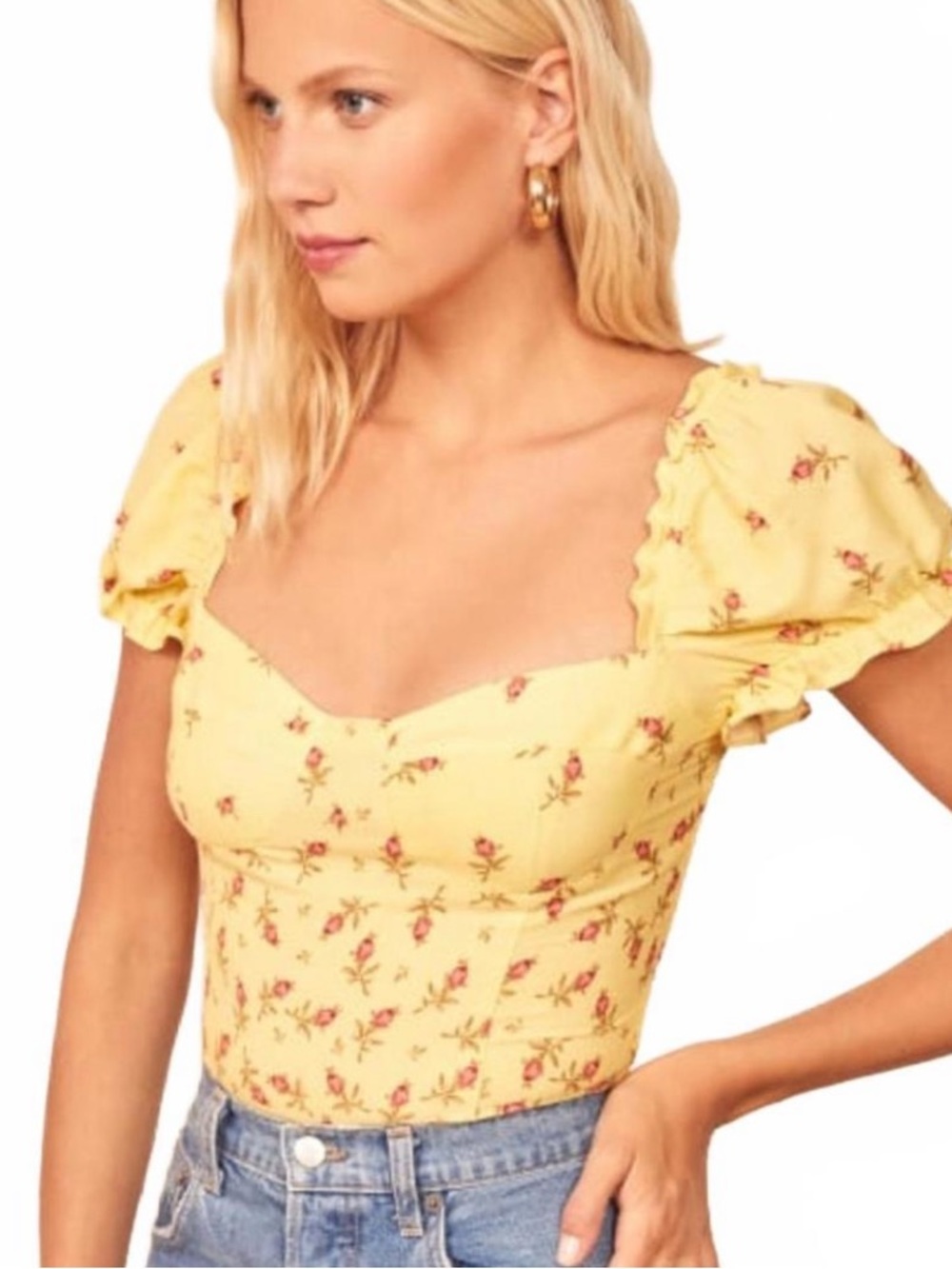 Reformation Jewel Yellow Floral Puff-Sleeve Blouse